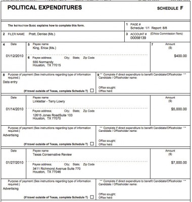 Campaign finance report from February 1, 2010