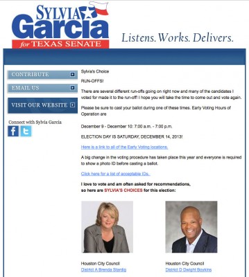 Sylvia Garcia emails her support for Brenda Stardig